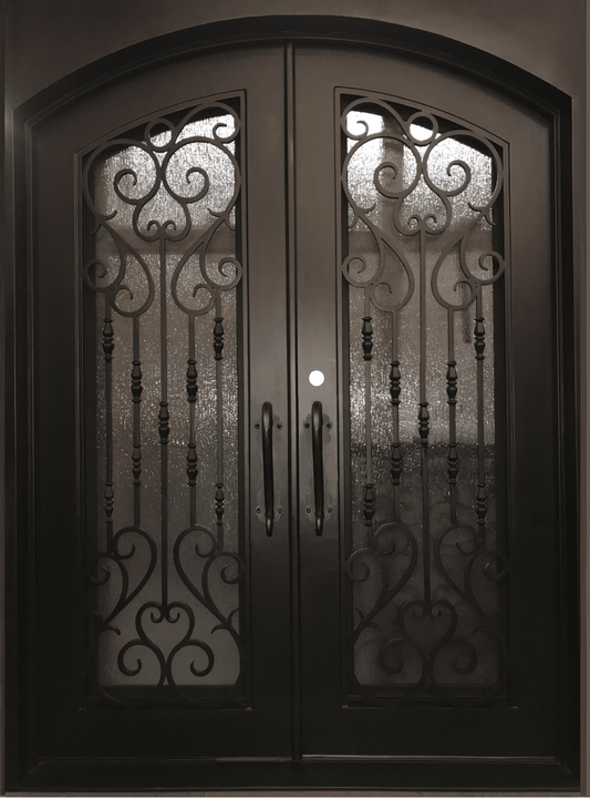 HEART- flat top, arch inside, double tempered glass, bug screen, front entry wrought iron doors-72X96 Right Hand - Luxe Iron Doors