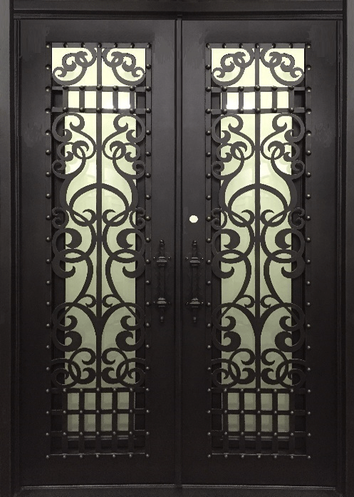 JUNIPER- flat top, tempered insulated glass, bug screens, wrought iron doors-62X96 Right Hand - Luxe Iron Doors
