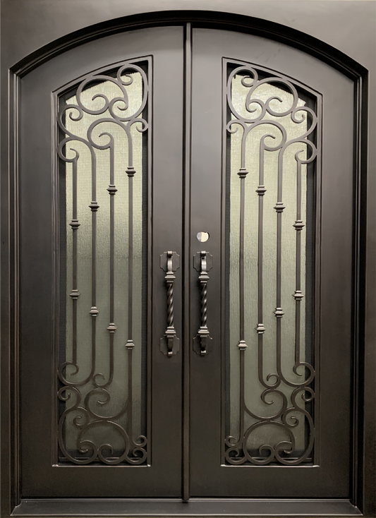 arched iron doors with glass panels
