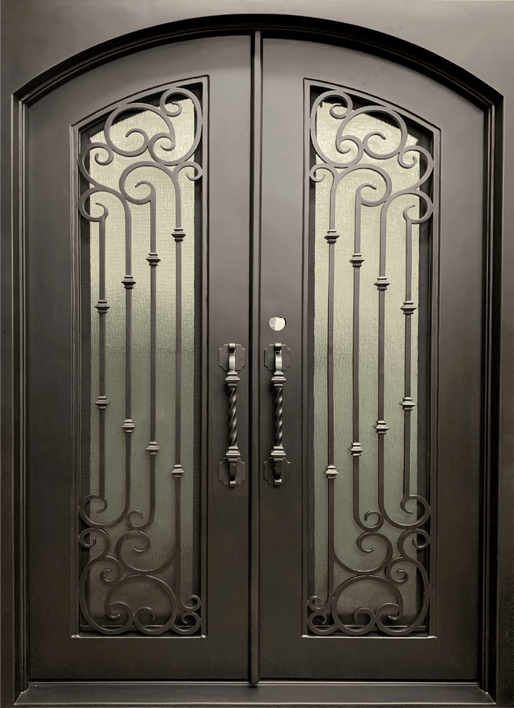 arched iron doors with glass panels