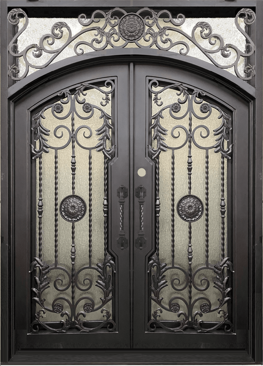 BELLADONNA- square top , inside arch, transom, bug screens, wrought iron doors- 72x96 Right Hand - Luxe Iron Doors