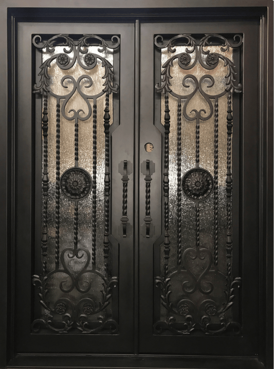 BEGONIA- square top front exterior door, bug screens, wrought iron doors- 72x96 Right Hand - Luxe Iron Doors