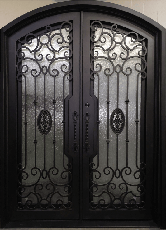 LOLA - arch top, pre-hung, bug screens,front entry double wrought iron doors-72x96 Right Hand - Luxe Iron Doors