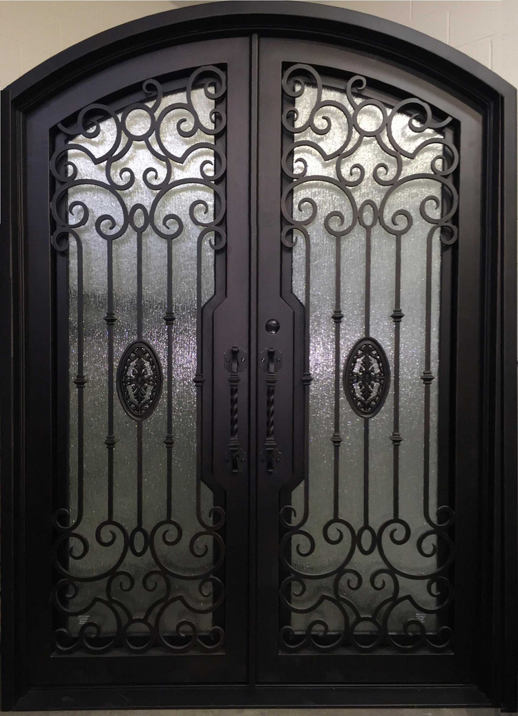 LOLA - arch top, pre-hung, bug screens,front entry double wrought iron doors-72x96 Right Hand - Luxe Iron Doors