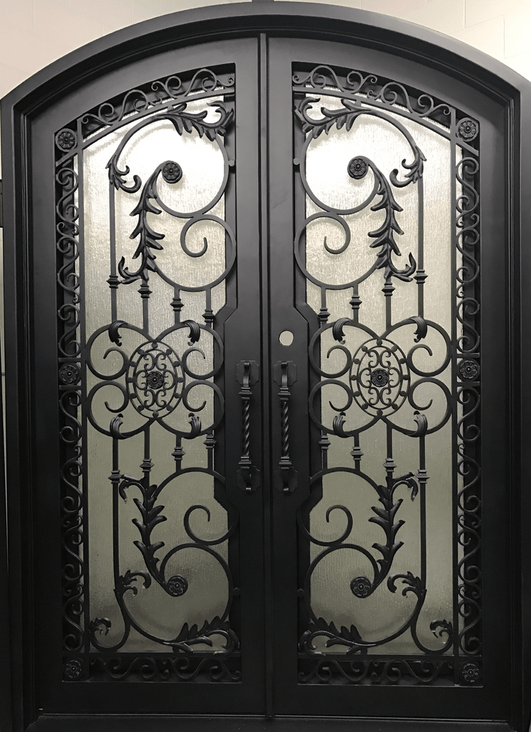 PEONY- arch top, dual pane, tempered insulated glass, bug screens, wrought iron doors-72x96 Right Hand - Luxe Iron Doors