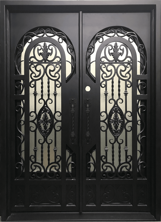 BERGENIA- square top exterior double panel iron doors, bug screens-72x96 Right Hand - Luxe Iron Doors