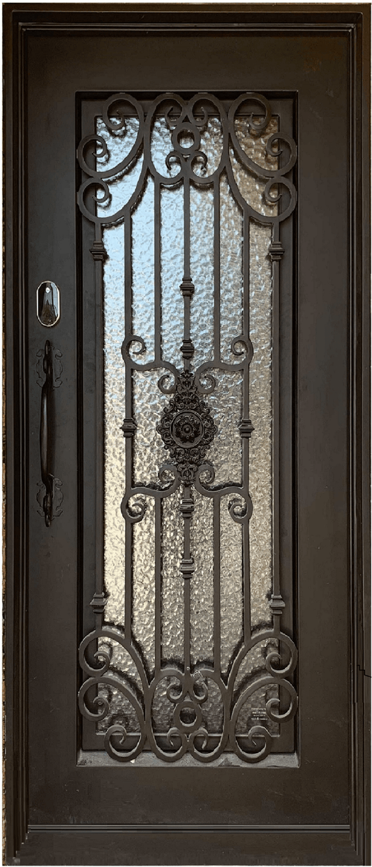 MIMOSA- flat top, prehung, single front entry wrought iron door- 37x96 Right Hand - Luxe Iron Doors