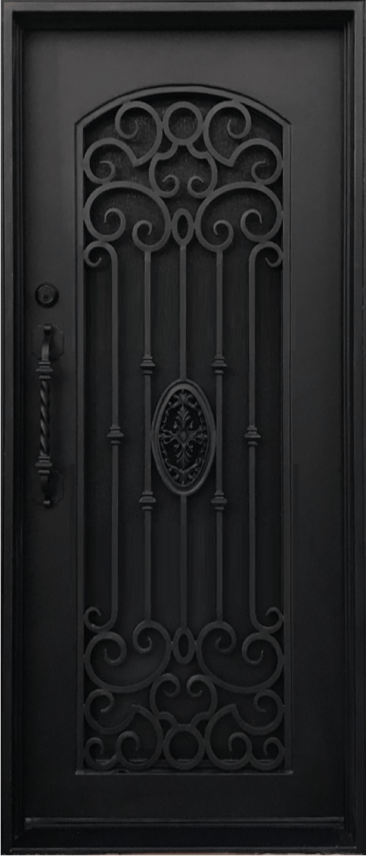 LOLA- square top, arch inside, bug screen, traditional design single iron door- 38x96 Right Hand - Luxe Iron Doors
