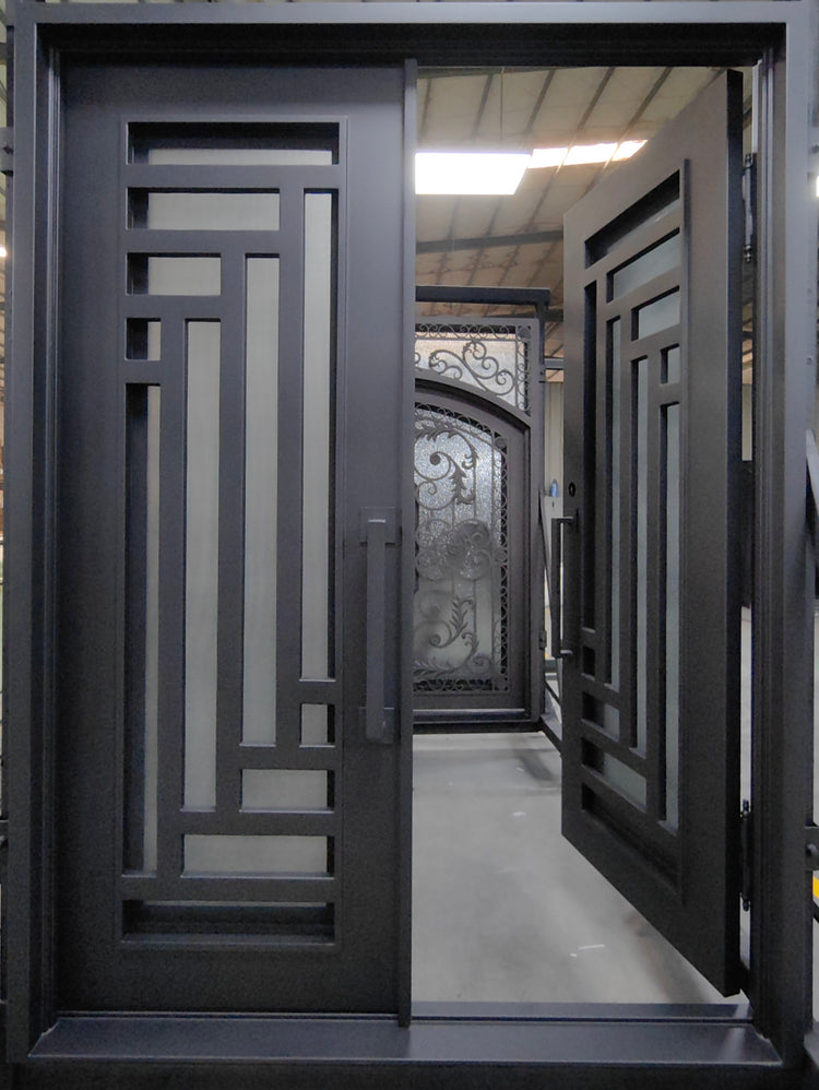 IRIS- Flat top, modern front exterior double wrought iron doors, bug screens-72X96, Right Hand - Luxe Iron Doors