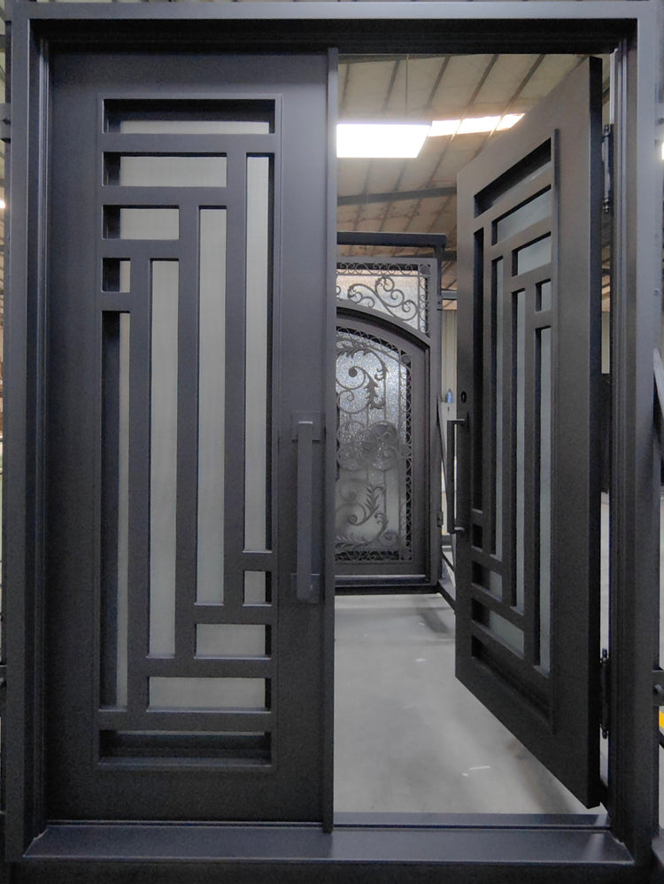 IRIS- Flat top, modern front exterior double wrought iron doors, bug screens-72X96, Right Hand - Luxe Iron Doors