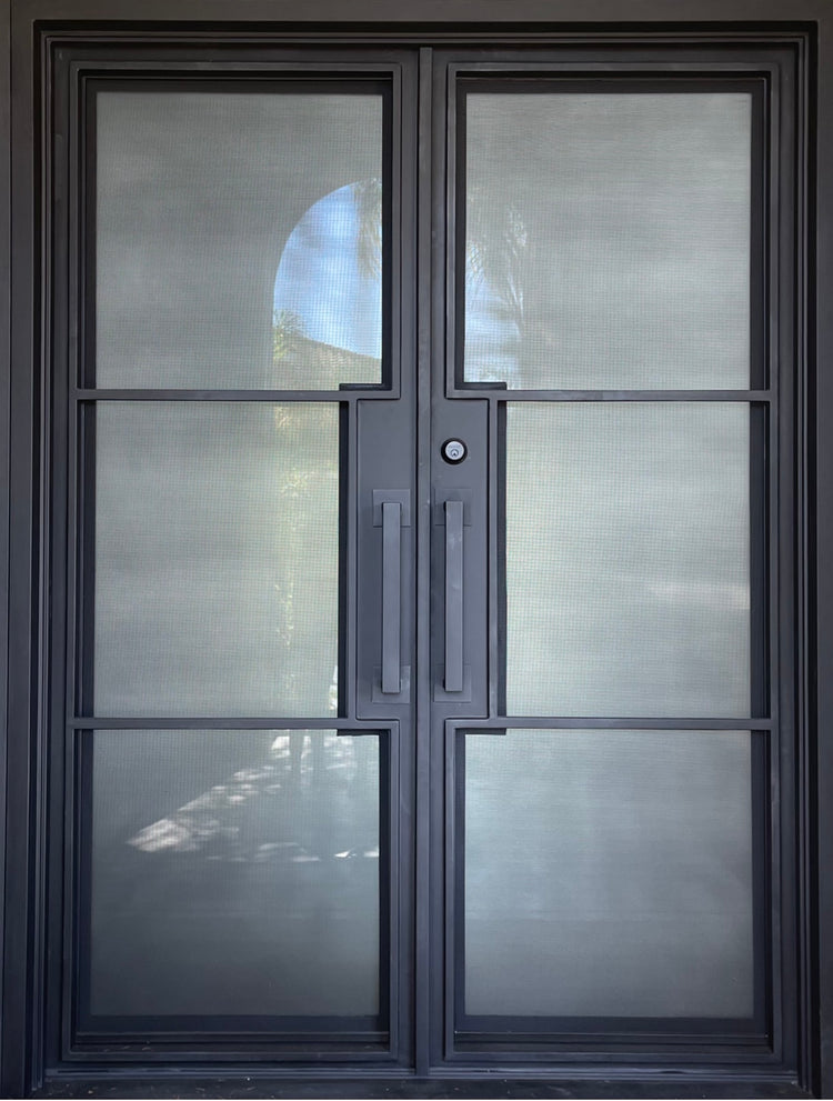 REN-square top, modern french style, frosted glass, wrought iron doors -72x96 Right Hand - Luxe Iron Doors