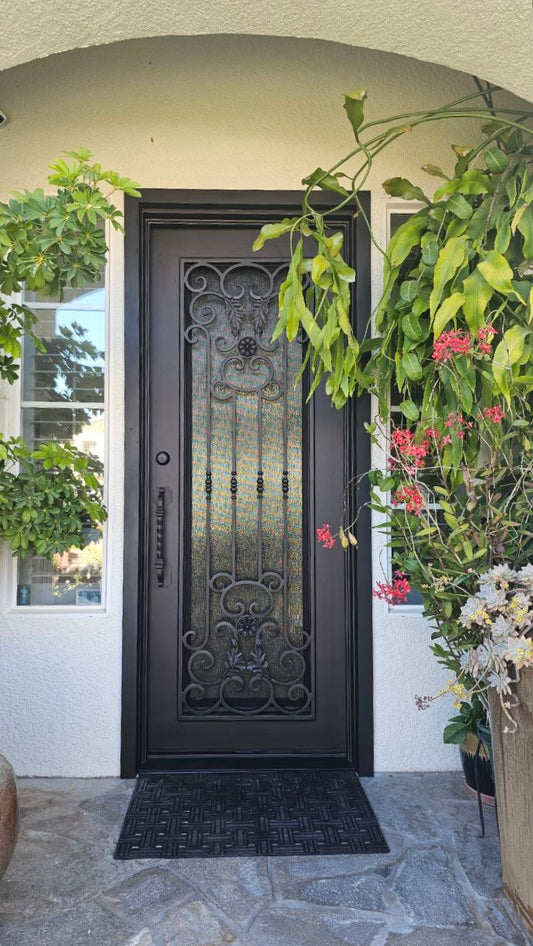 CAMELLIA -flat top, prehung, front entry single wrought iron door- 38x96 Right Hand - Luxe Iron Doors