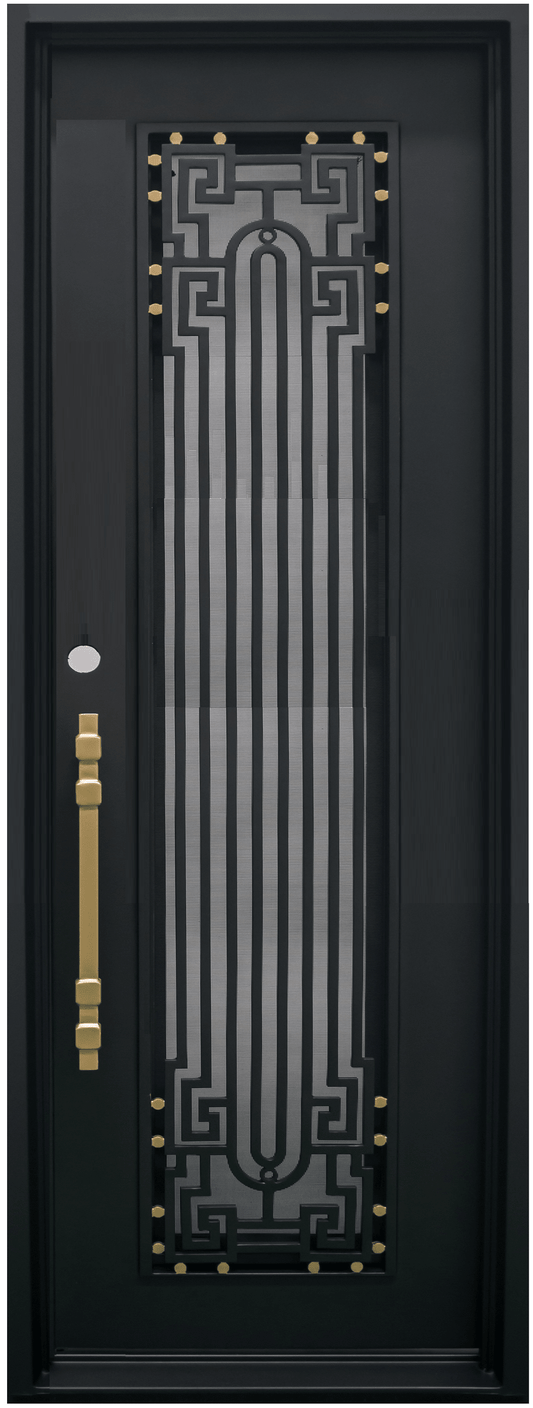 BEVERLY - Square top, frosted glass, wrought iron door, bug screens, 37x96 -Right Hand - Luxe Iron Doors