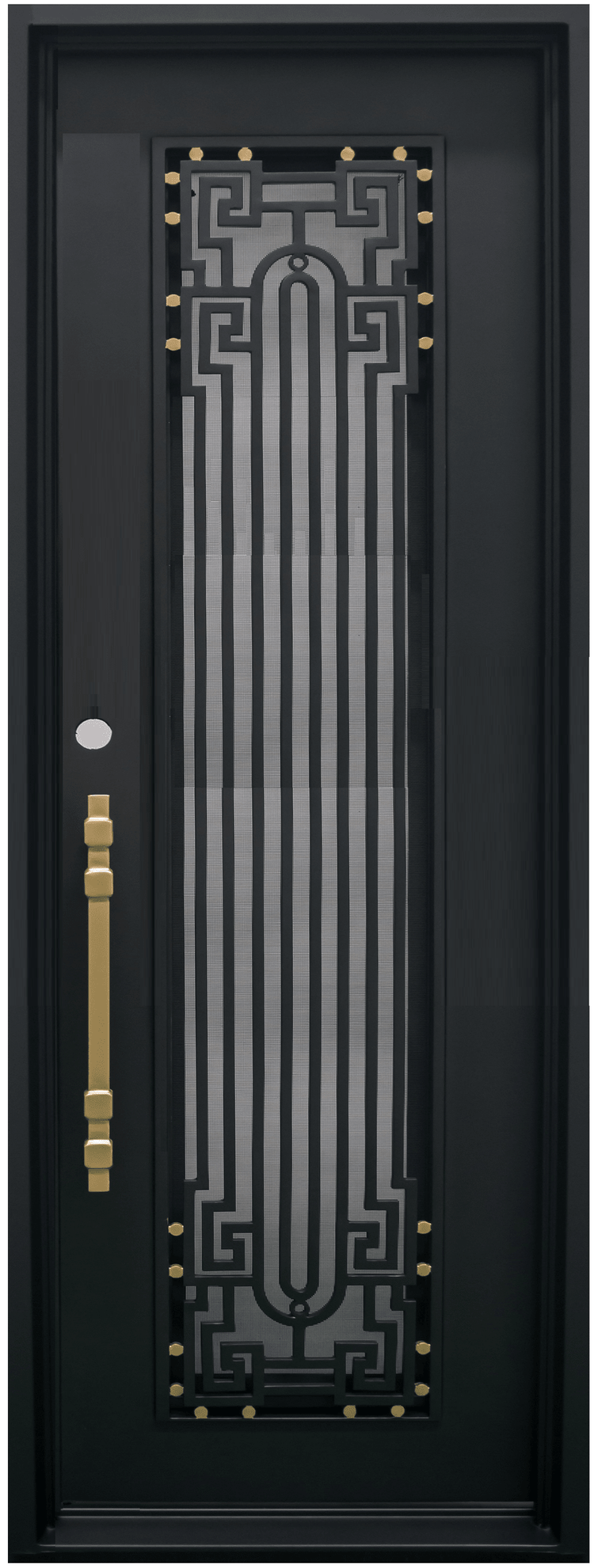 BEVERLY - Square top, frosted glass, wrought iron door, bug screens, 37x96 -Right Hand - Luxe Iron Doors