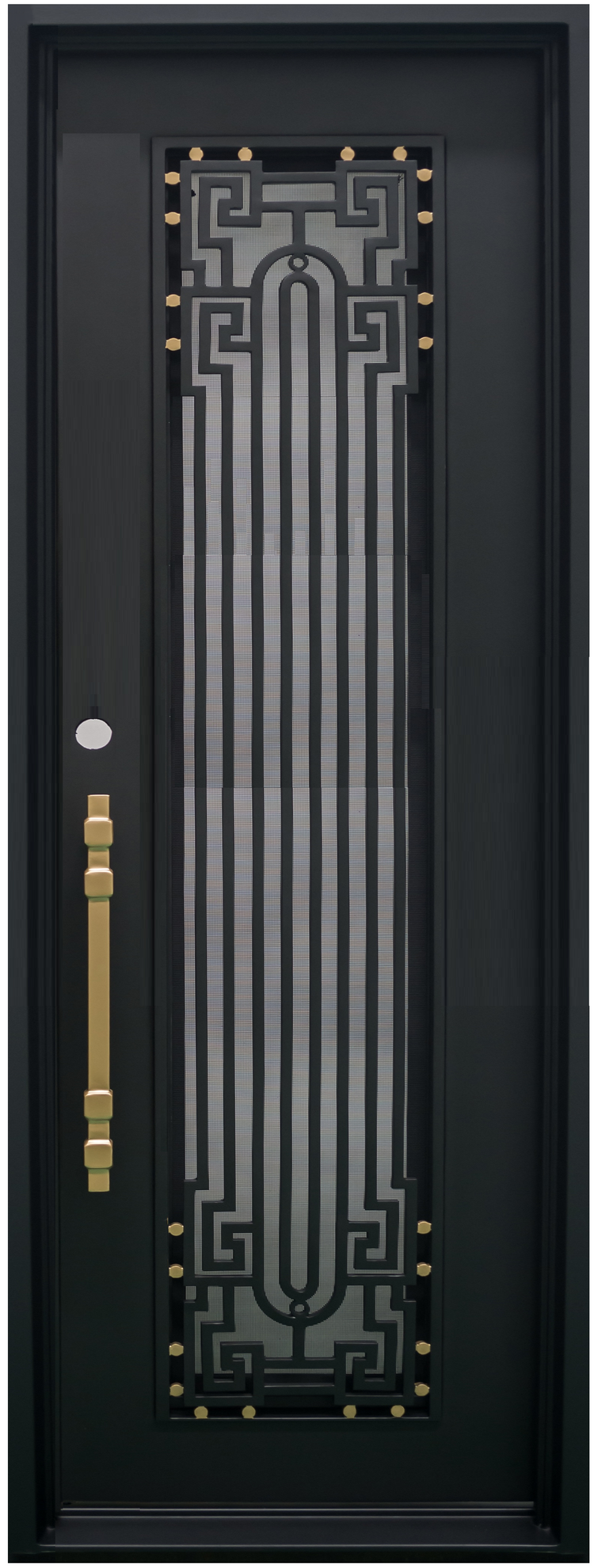 BEVERLY - Square top, frosted glass, wrought iron door, bug screens, 37x96 -Right Hand - Luxe Iron Doors