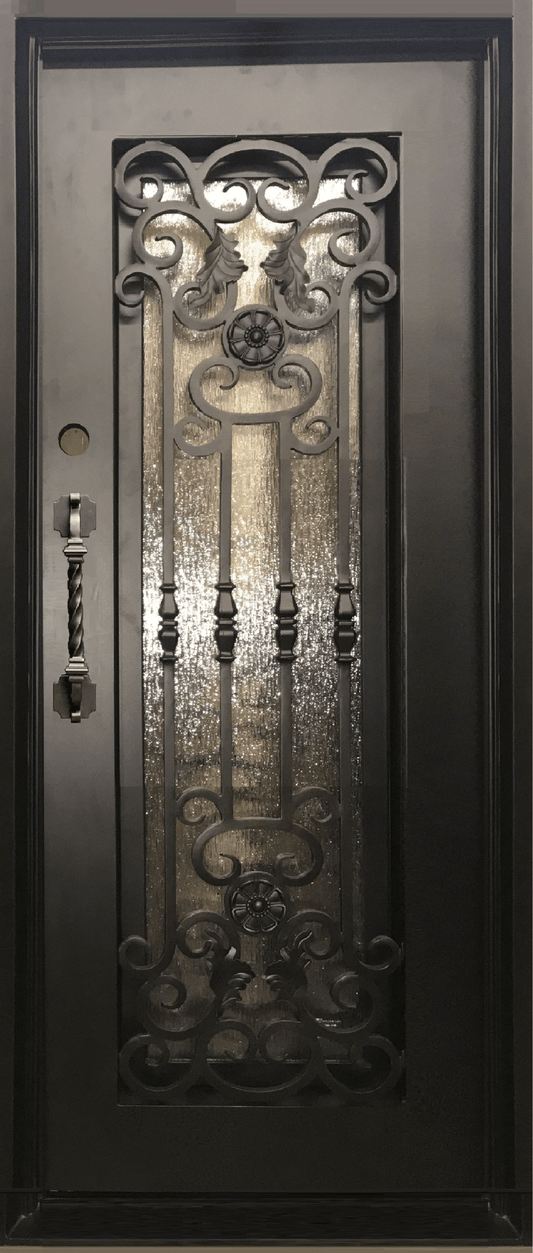 CAMELLIA -flat top, prehung, front entry single wrought iron door- 38x96 Right Hand - Luxe Iron Doors