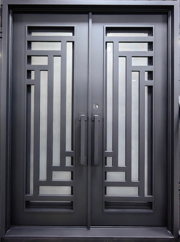 IRIS- Flat top, modern front exterior double wrought iron doors, bug screens-72X96, Right Hand - Luxe Iron Doors