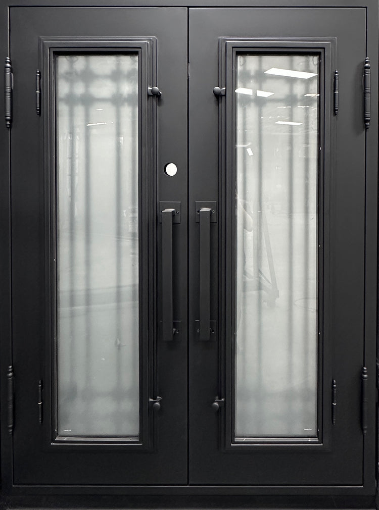 FERN- modern double entry, wrought iron doors,removable bug screen -61x81 Right Hand - Luxe Iron Doors