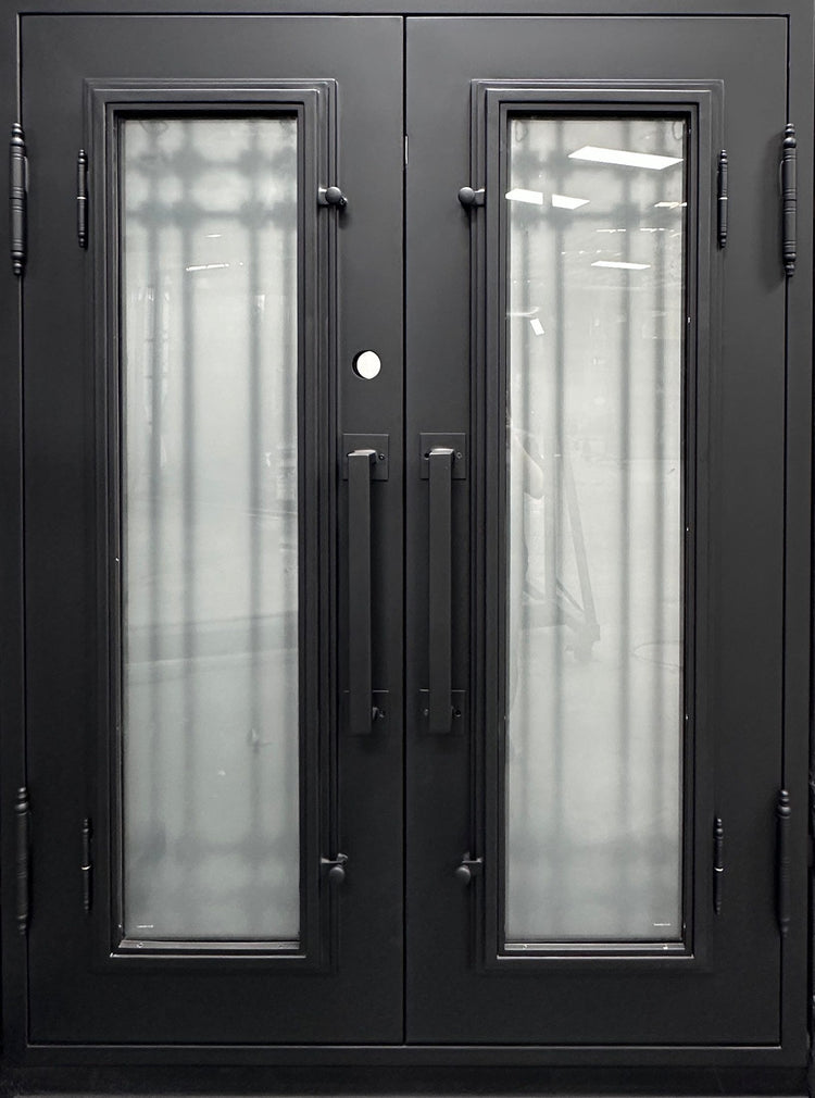 FERN- modern double entry, wrought iron doors,removable bug screen -61x81 Right Hand - Luxe Iron Doors