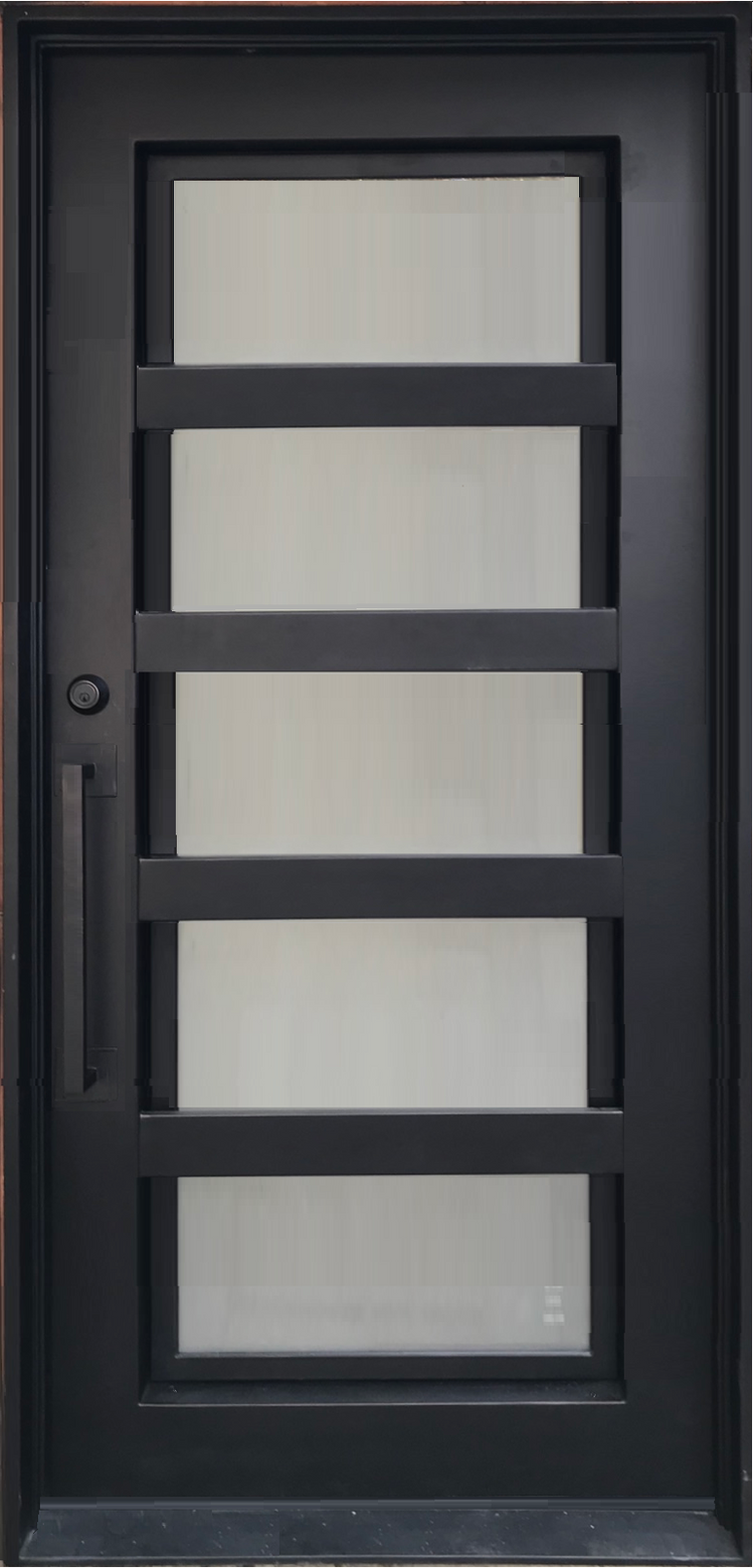 LOTUS-flat top, pre-hung, modern front entry single wrought iron door- 37x81 Right Hand - Luxe Iron Doors