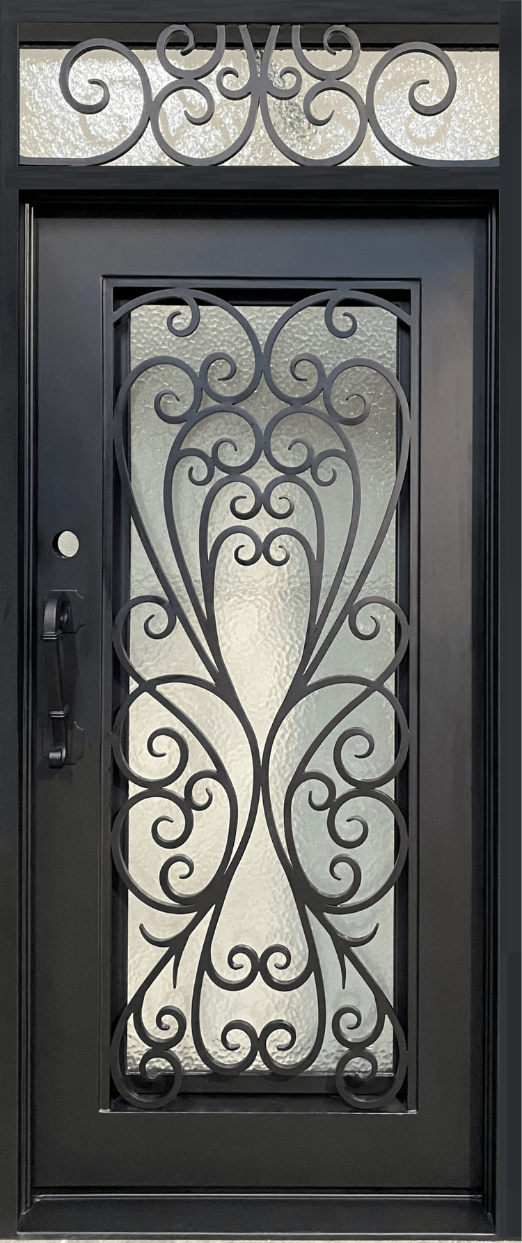 AZALEA - Single Door with transom, pre-hung, bug screen, wrought iron door, 38 x 96.5 -Right Hand - Luxe Iron Doors