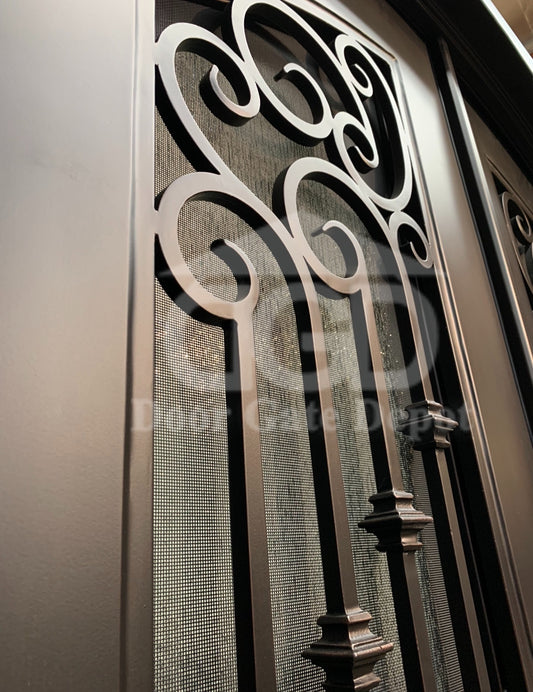 DAPHNE -Flat top inside arch with transom,double tempered insulated glass, removable bug screen, wrought iron doors-72x96 Right Hand - Door Gate Depot