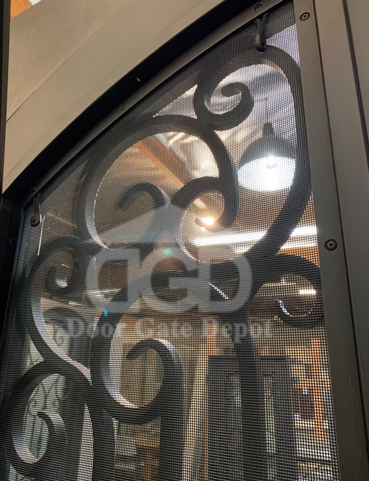 DAPHNE -Flat top inside arch with transom,double tempered insulated glass, removable bug screen, wrought iron doors-72x96 Right Hand - Door Gate Depot