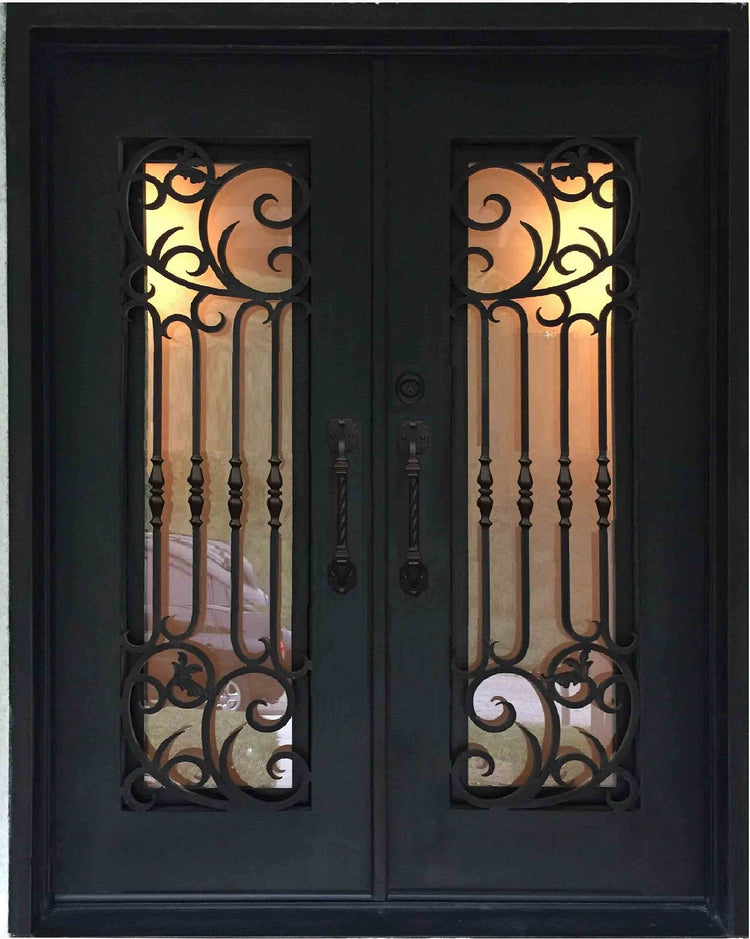 MAPLE- flat top, tempered insulated glass, bug screens, wrought iron doors-72x96 Right Hand - Door Gate Depot