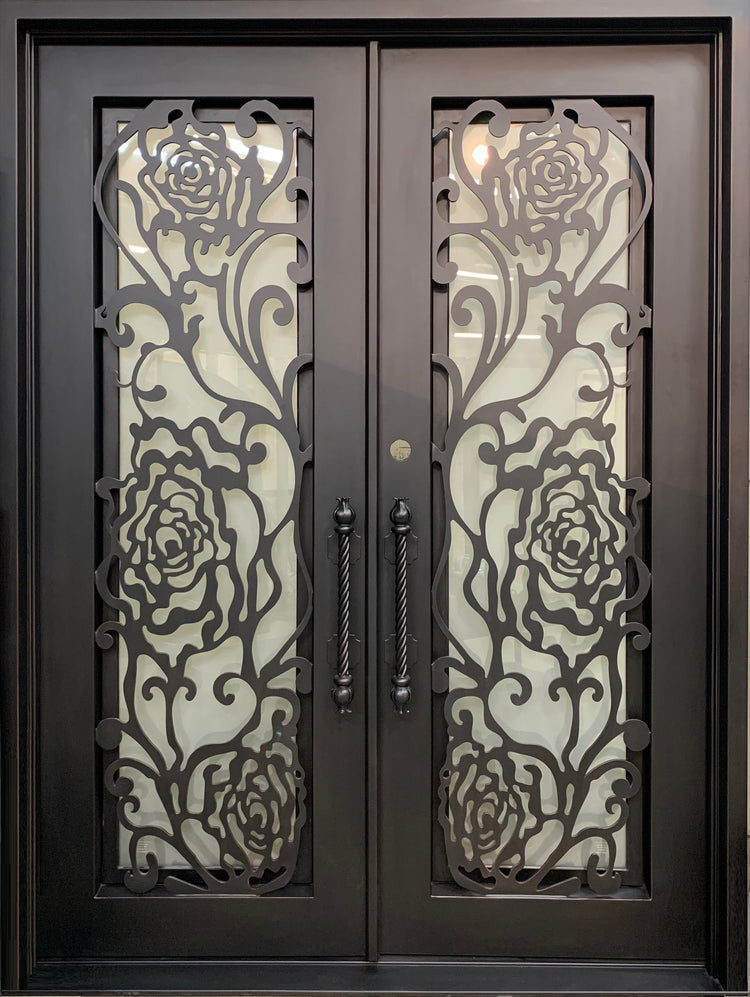 ROSE- flat top iron, frosted tempered glass,bug screens, front entry wrought iron doors-72x96 Right Hand - Door Gate Depot