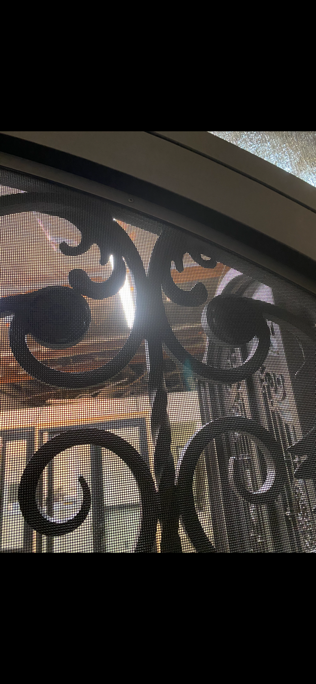 BELLADONNA- square top , inside arch, transom, bug screens, wrought iron doors- 72x96 Right Hand - Door Gate Depot