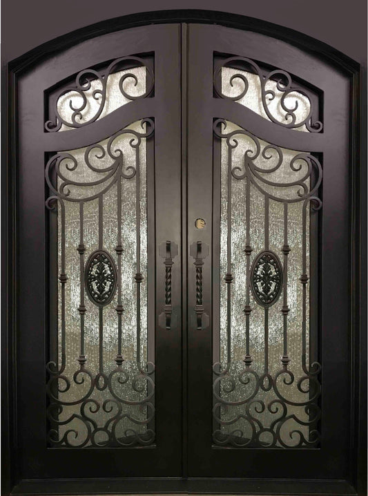 LILY- flat top , inside arch, dual pane operable tempered glass, bug screens, front entry wrought iron doors-72x96 Right Hand - Door Gate Depot