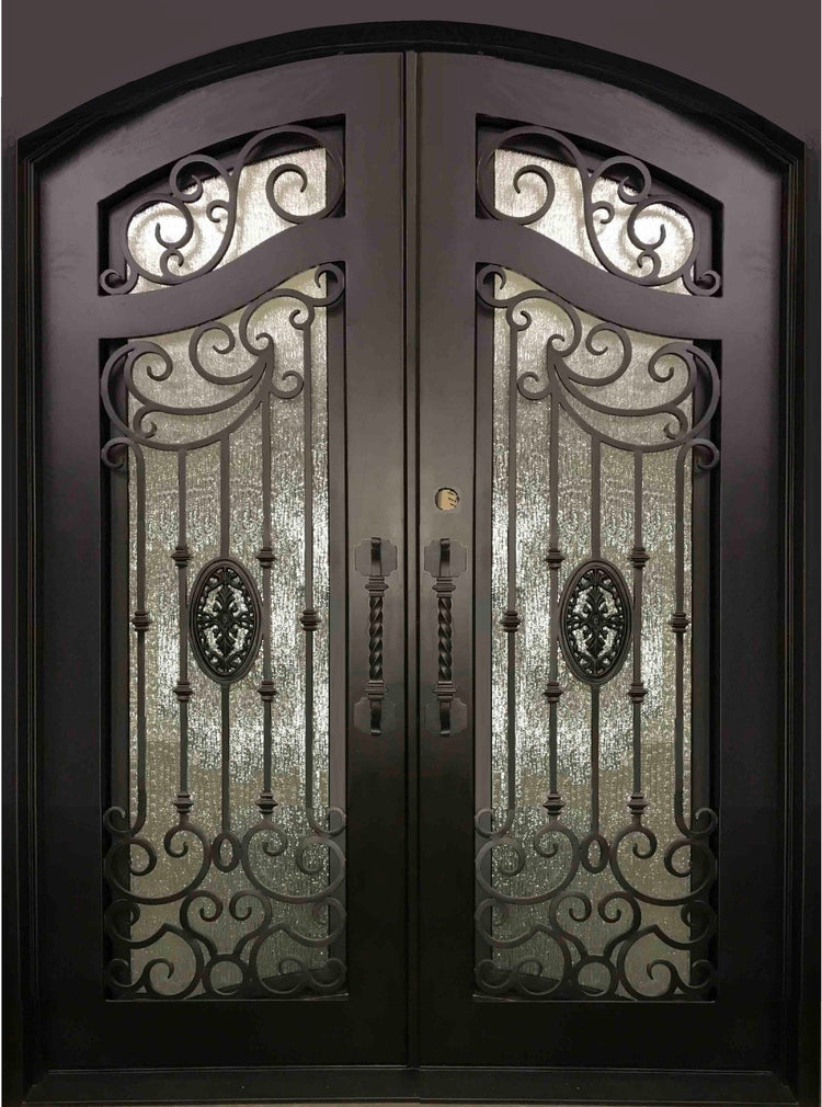 LILY- flat top , inside arch, dual pane operable tempered glass, bug screens, front entry wrought iron doors-72x96 Right Hand - Door Gate Depot
