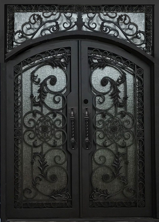 CARNATION- flat top transom, arch inside, prehung,double tempered glass,removable bug screens, wrought iron doors-72x96 Right Hand - Door Gate Depot