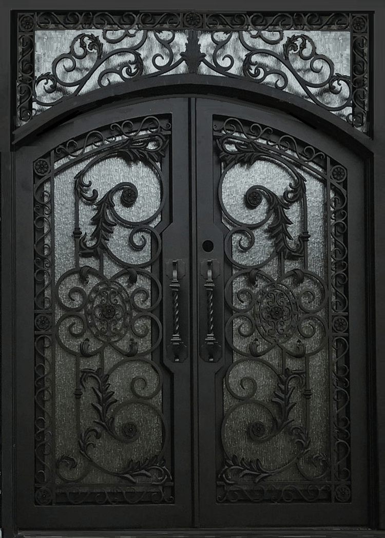 CARNATION- flat top transom, arch inside, prehung,double tempered glass,removable bug screens, wrought iron doors-72x96 Right Hand - Door Gate Depot