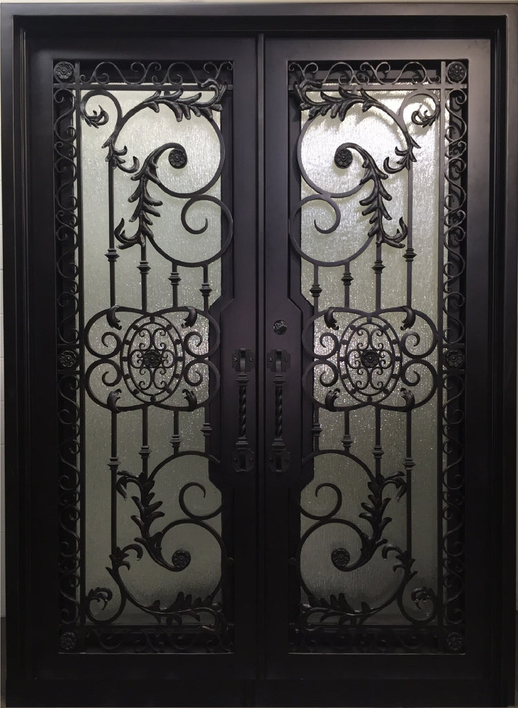 PEONY- flat top front entry, tempered insulated glass,bug screen, wrought iron doors-72X96 Right Hand - Door Gate Depot