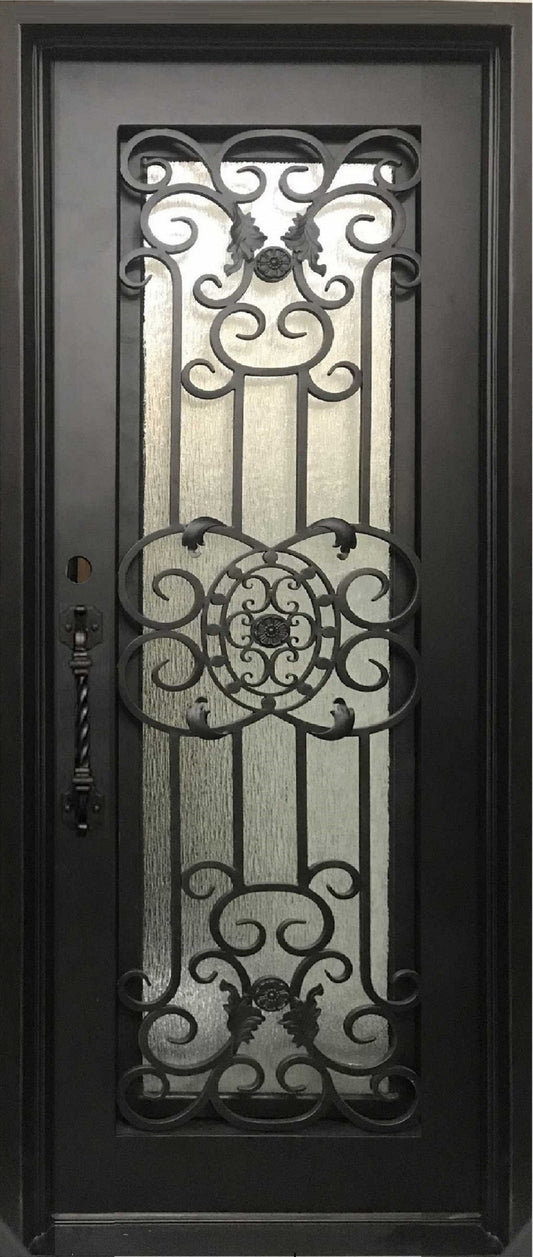 JASMINE-flat top, bug screen, front entry single wrought iron door- 38x96 Right Hand - Door Gate Depot