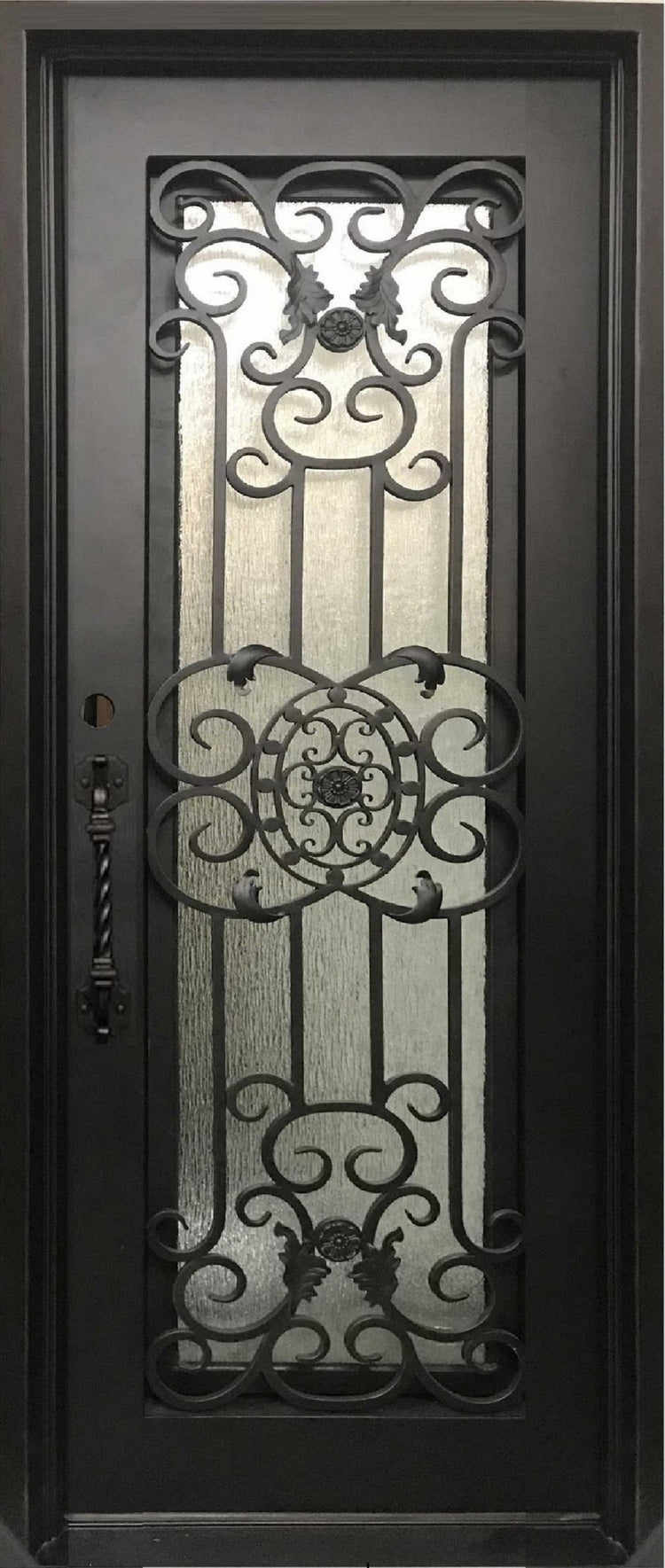 JASMINE-flat top, bug screen, front entry single wrought iron door- 38x96 Right Hand - Door Gate Depot