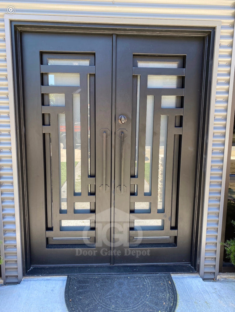 IRIS- Flat top, modern front exterior double wrought iron doors, bug screens-61X81 Right Hand - Door Gate Depot