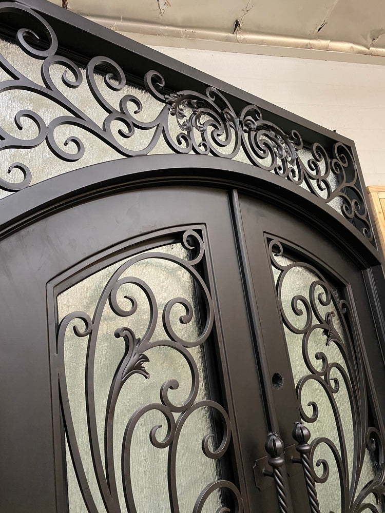 PARADISE- Square top, Inside Arch, Transom, Front Entry Wrought Iron Doors, Bug Screens, Tempered glass, 72x96- Right Hand - Door Gate Depot