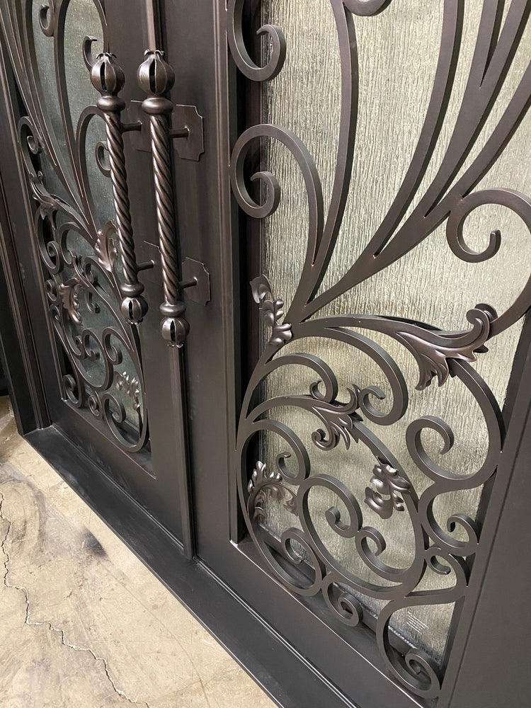PARADISE- Square top, Inside Arch, Transom, Front Entry Wrought Iron Doors, Bug Screens, Tempered glass, 72x96- Right Hand - Door Gate Depot