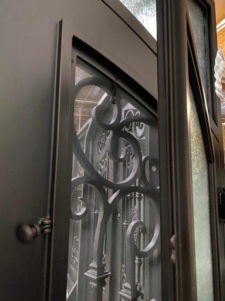 DAPHNE -Flat top inside arch with transom,double tempered insulated glass, removable bug screen, wrought iron doors-72x96 Right Hand - Door Gate Depot