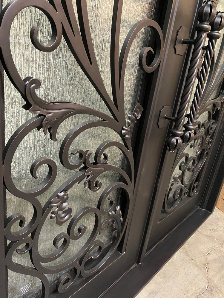 PARADISE- Double Arch Top, Transom, Front Entry Wrought Iron Doors, Bug Screens, Tempered glass, 72x96- Right Hand - Door Gate Depot