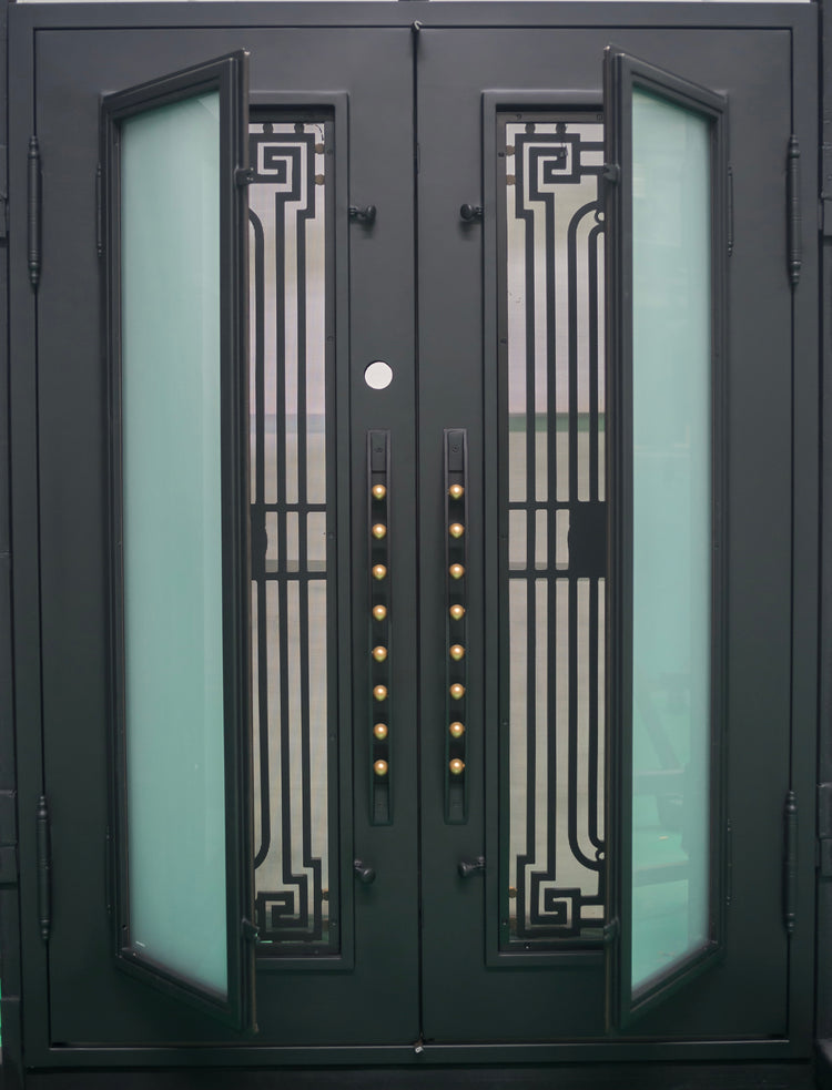 glass and iron double front doors