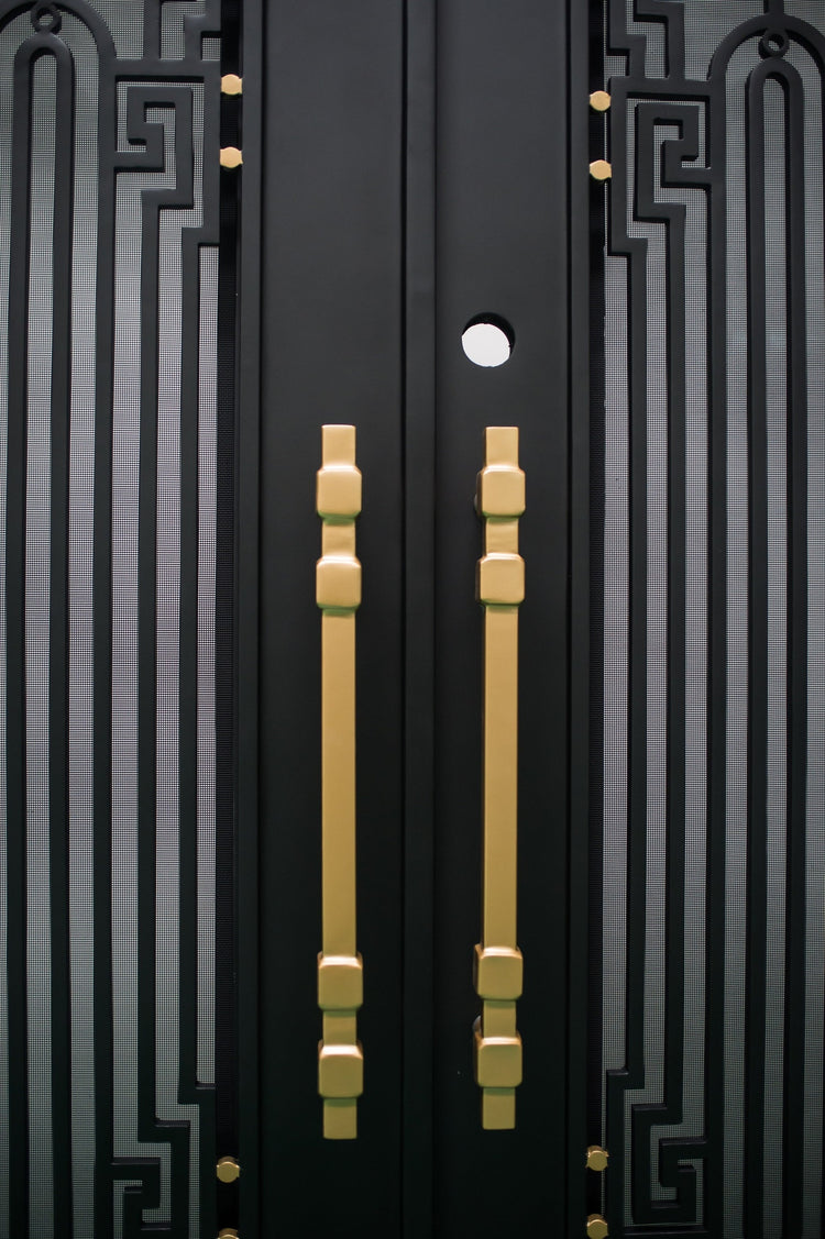 BEVERLY - Square top, frosted glass, wrought iron door, bug screens, 72x96-Right Hand - Luxe Iron Doors