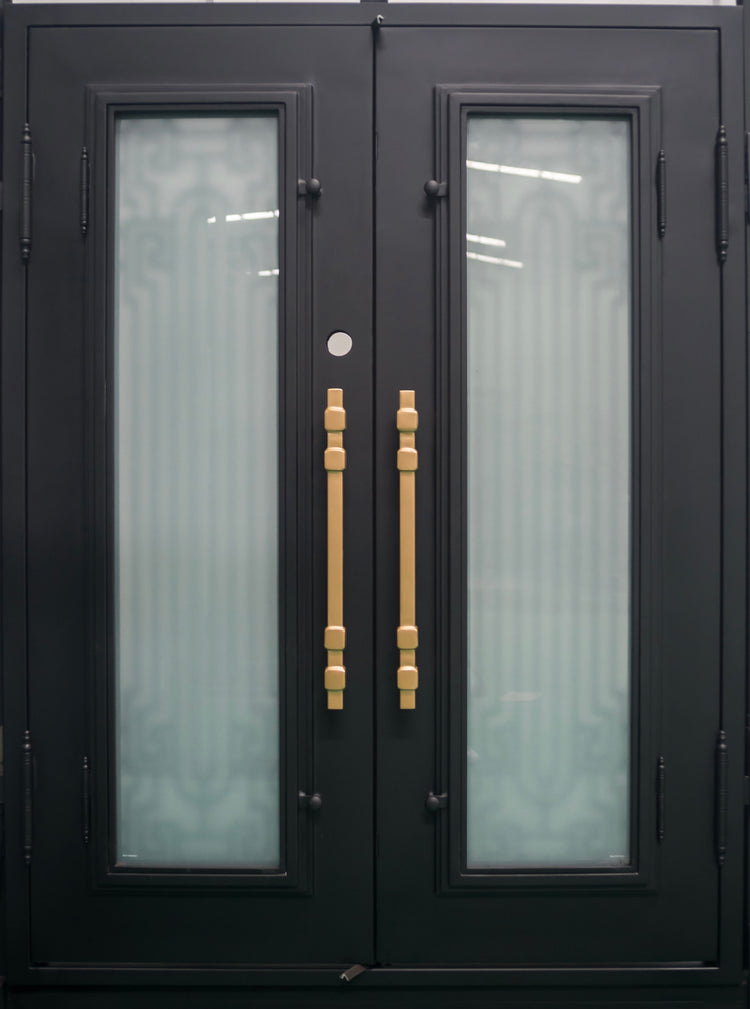 BEVERLY - Square top, frosted glass, wrought iron door, bug screens, 72x96-Right Hand - Luxe Iron Doors