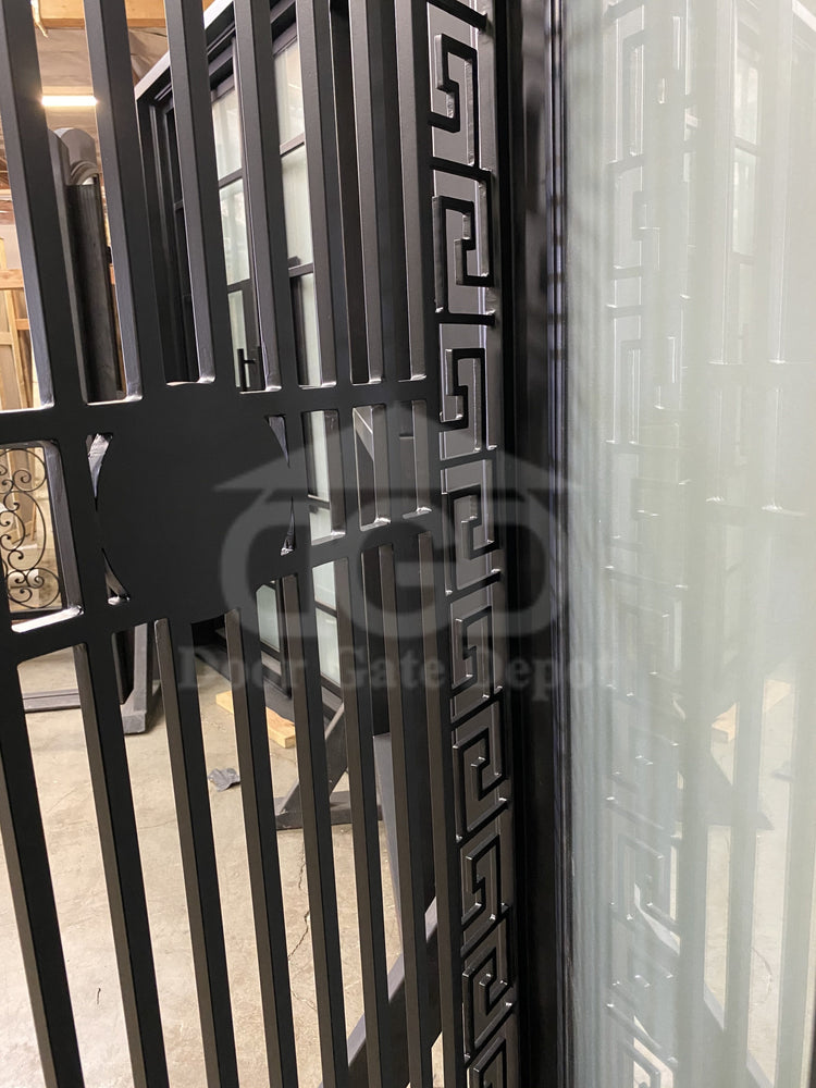 MANHATTAN - Square top, frosted glass, wrought iron door, bug screens, 61x81-Right Hand - Door Gate Depot