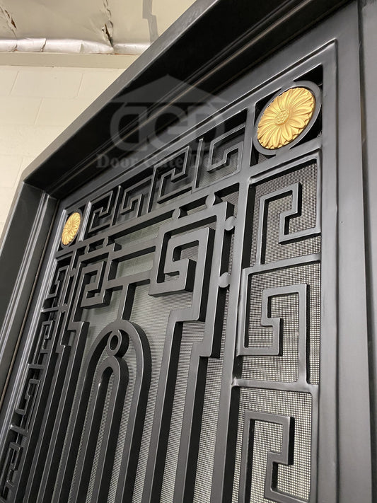 MANHATTAN - Square top, frosted glass, wrought iron door, bug screen, 38x96-Right Hand - Door Gate Depot