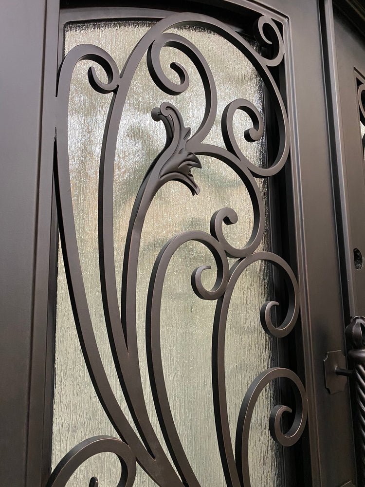 PARADISE- Square top, Inside Arch, Transom, Front Entry Wrought Iron Doors, Bug Screens, Tempered glass, 72x96- Right Hand - Door Gate Depot