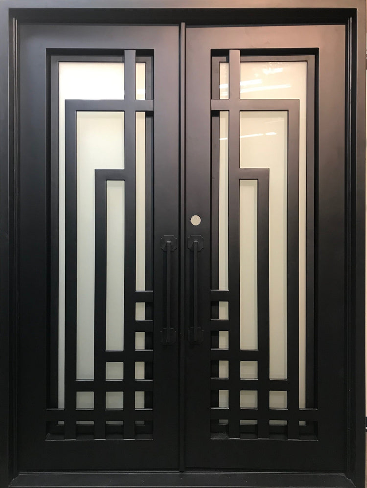 PLUM- modern double entry, wrought iron doors,removable bug screen -72x96 Right Hand - LUXE