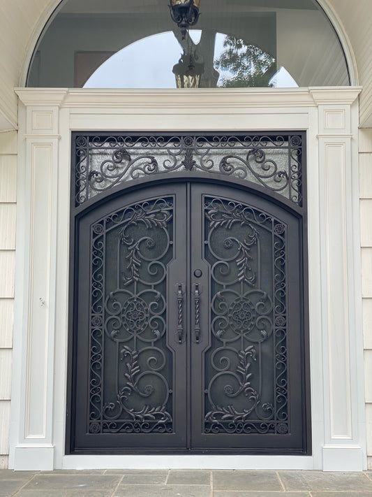 CARNATION- flat top transom, arch inside, prehung,double tempered glass,removable bug screens, wrought iron doors-72x96 Right Hand - Door Gate Depot